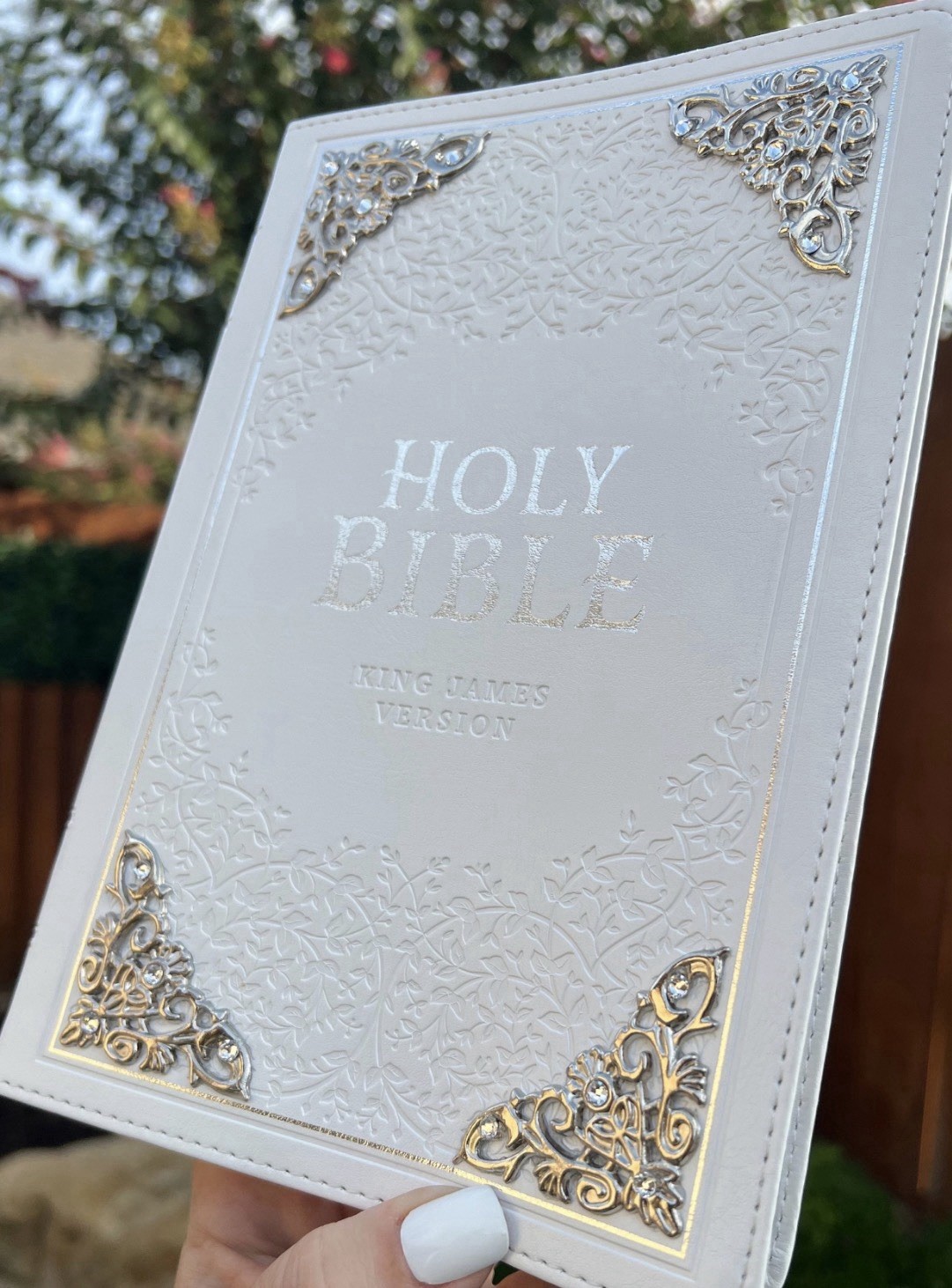 White KJV Bible with Silver Corner Embellishments, Swarovski Crystals, Faux Leat