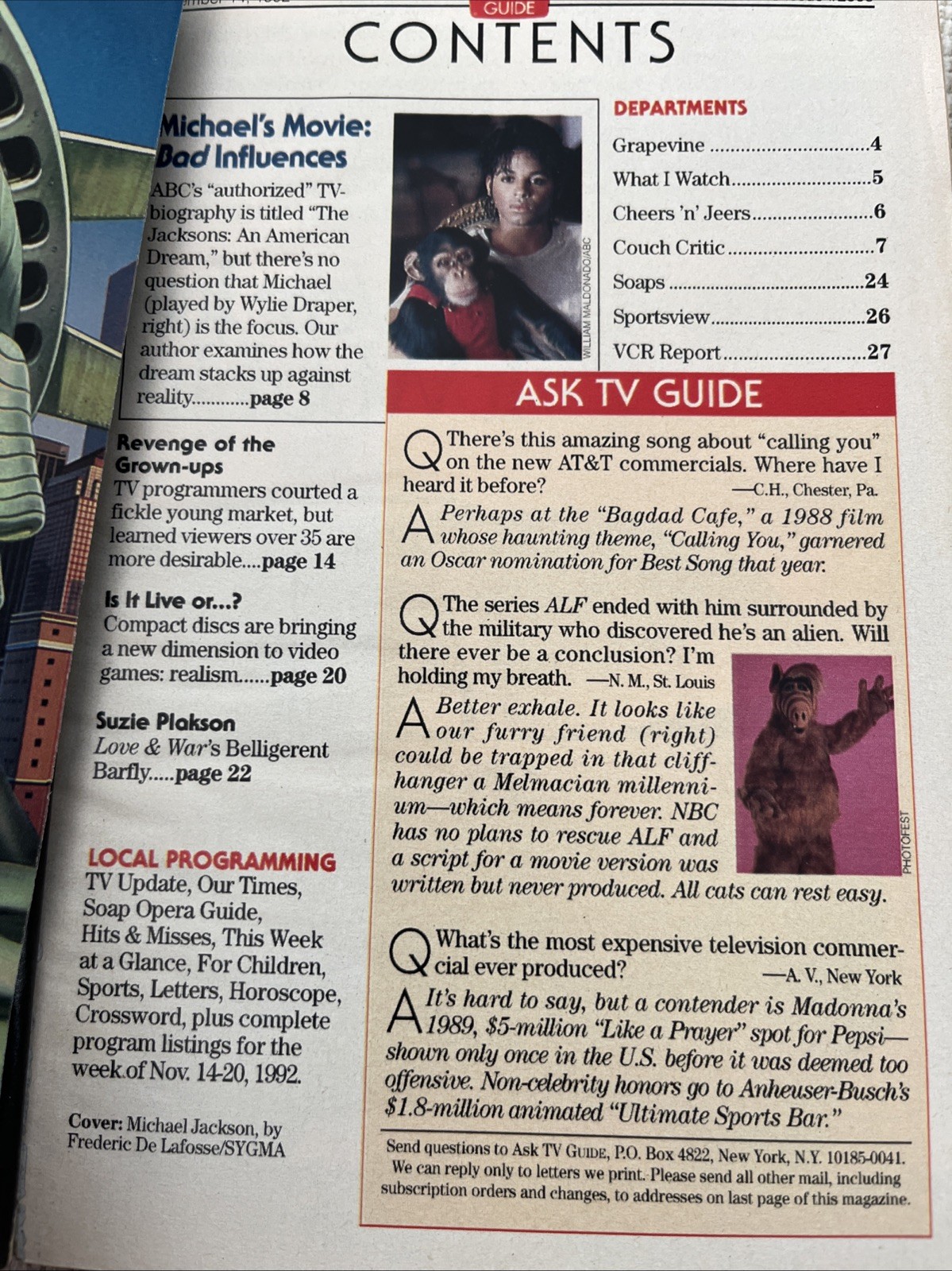 MICHAEL JACKSON TV Guide November 14-20, 1992 Jay Leno Arsenio Hall Boston Ed