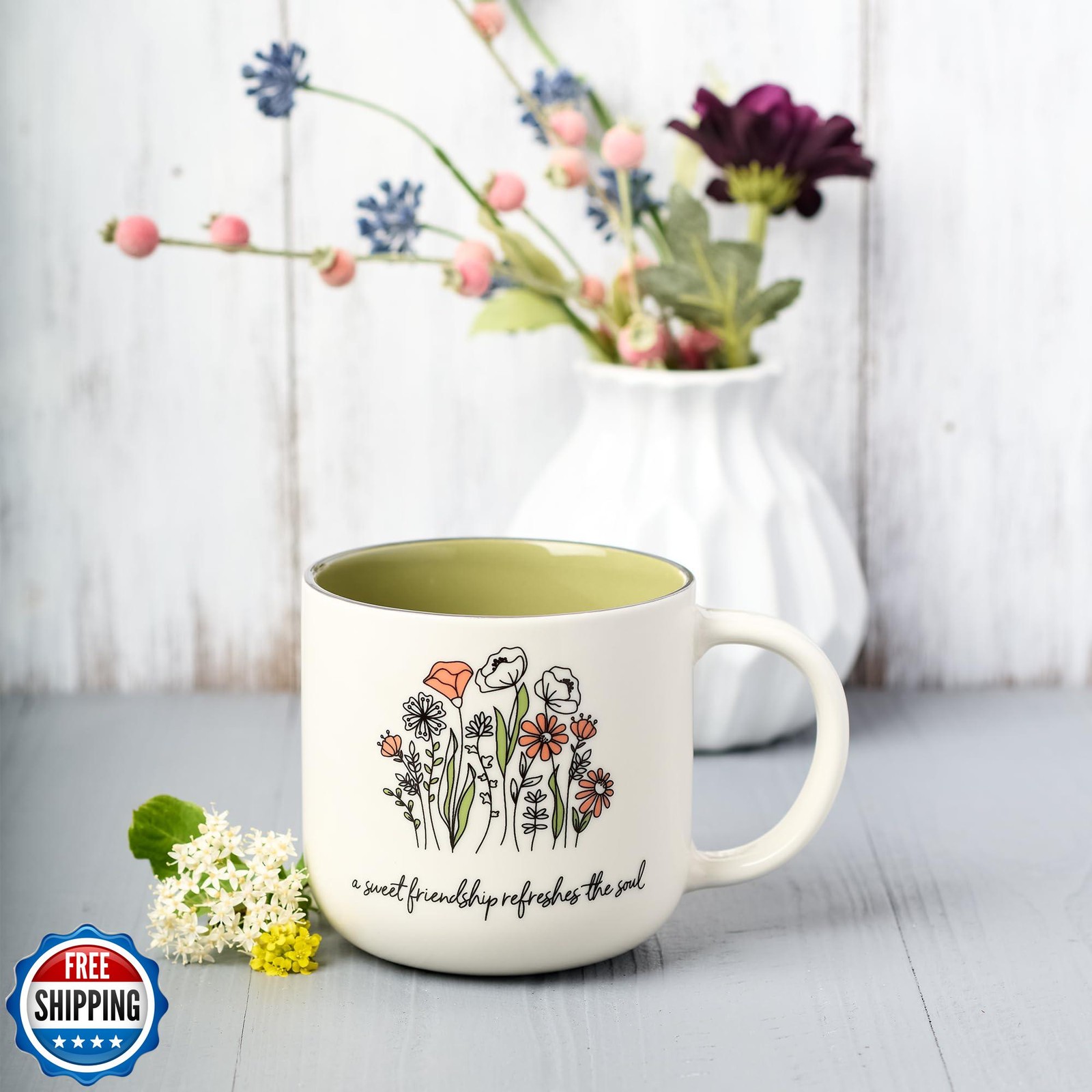 Christian Art Gifts Sage Green Floral Ceramic Coffee Mug – 15 oz.