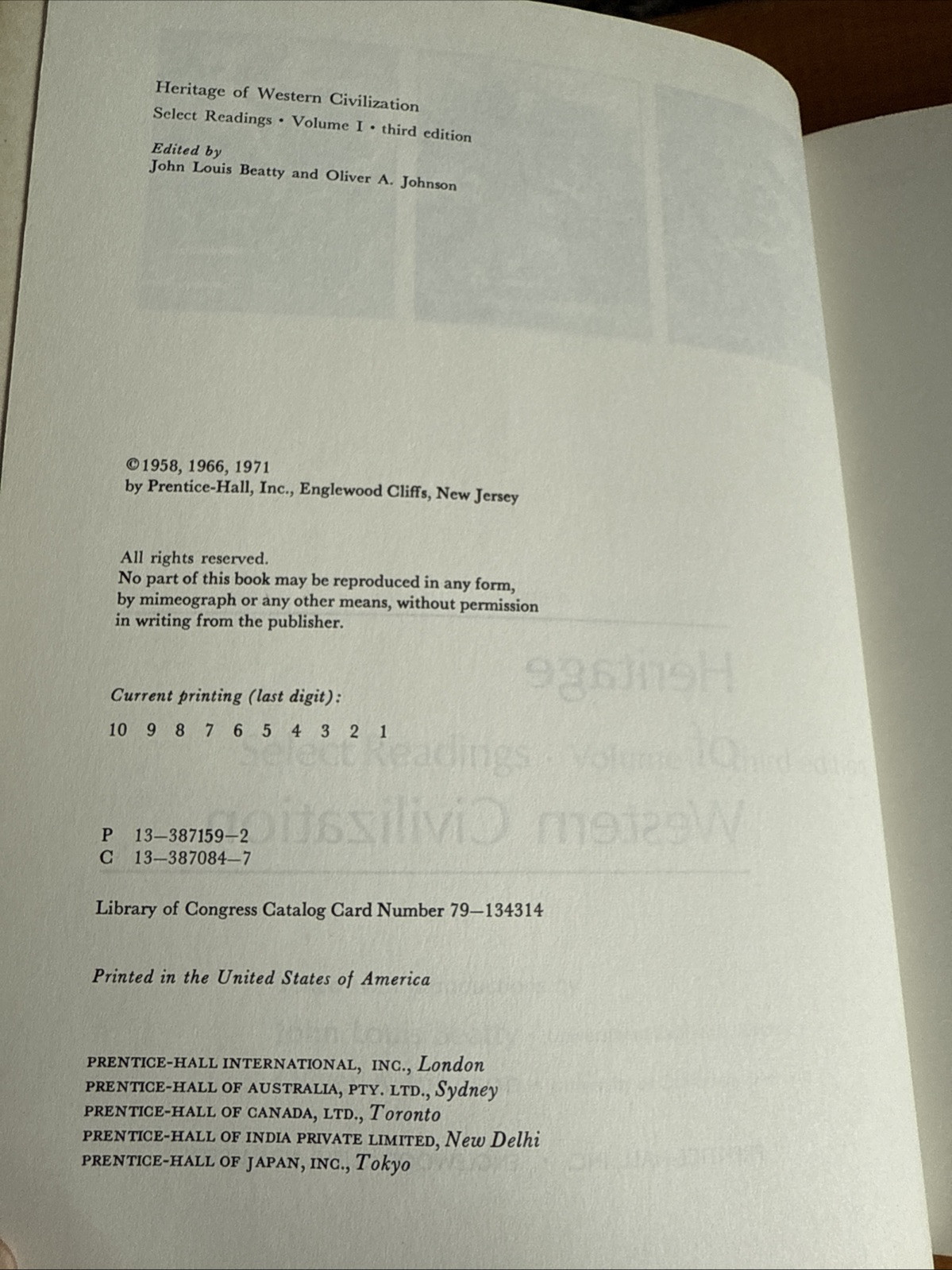 Heritage of Western Civilization vol 1 by Beatty, Johnson Third Edition 1971
